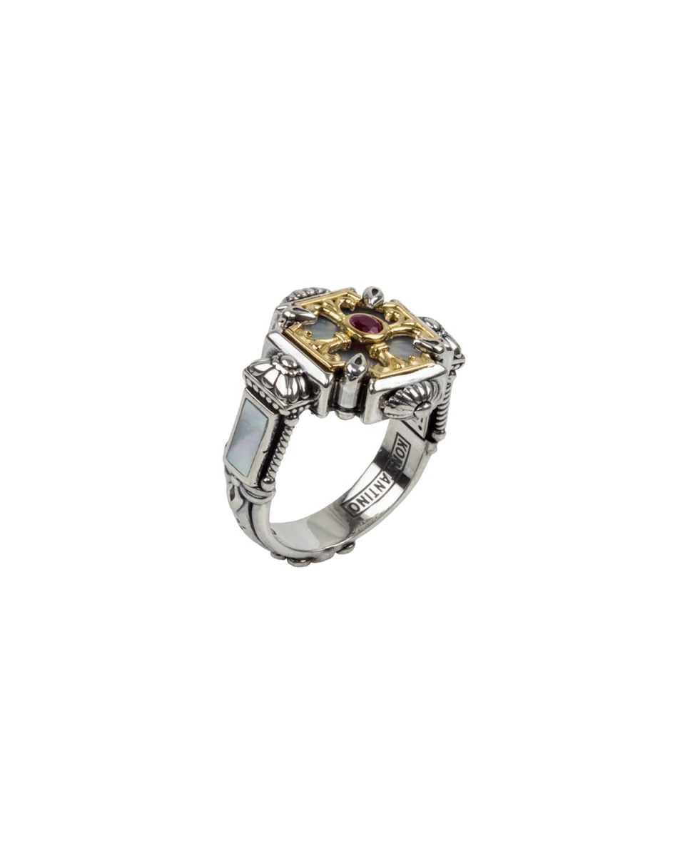Mother-of-Pearl & Ruby Cross Ring, Size 6-